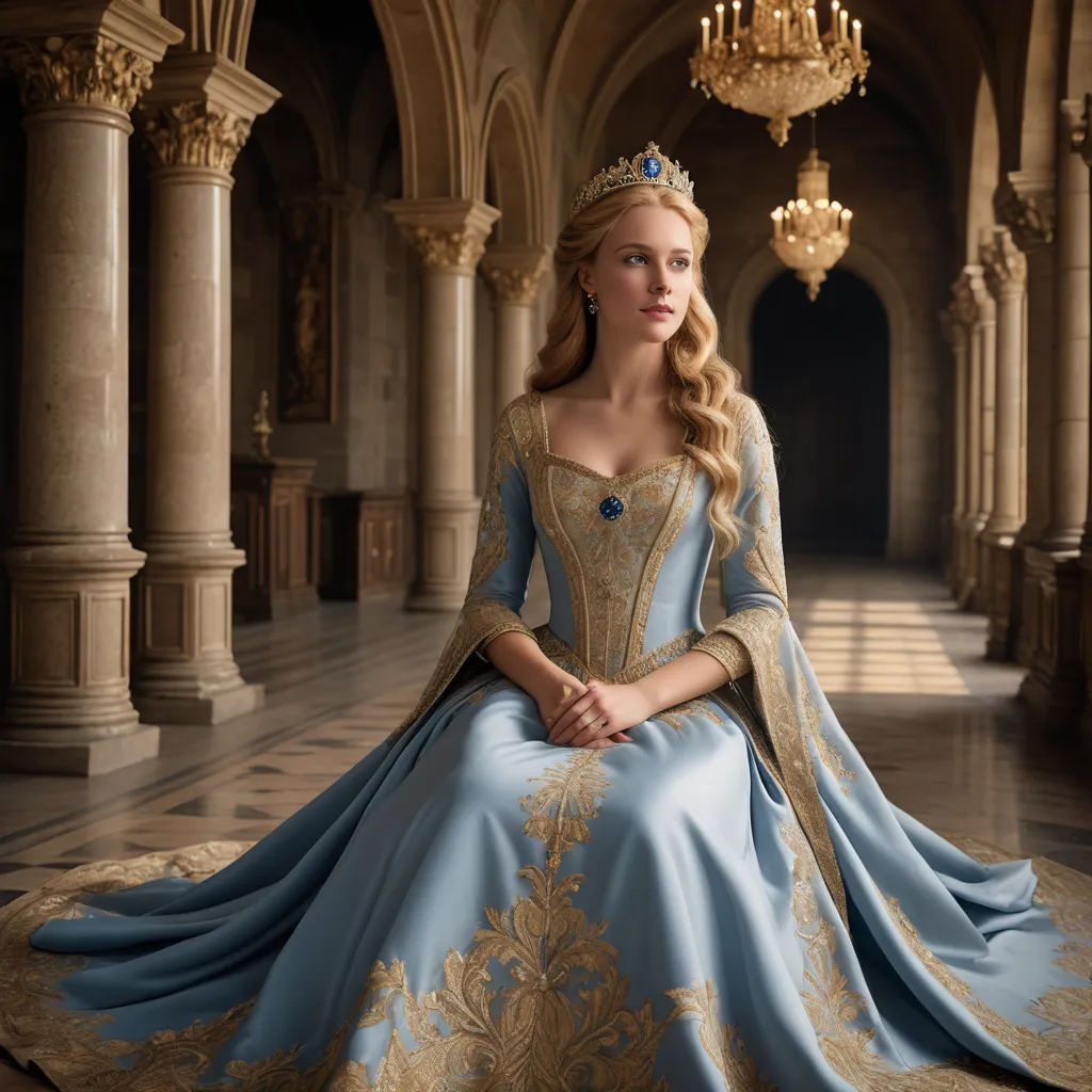 a woman in a blue dress sitting on a floor in a palace like setting with chandeliers and chandeliers, gothic art, a photorealistic painting, Anna Maria Barbara Abesch, promotional image