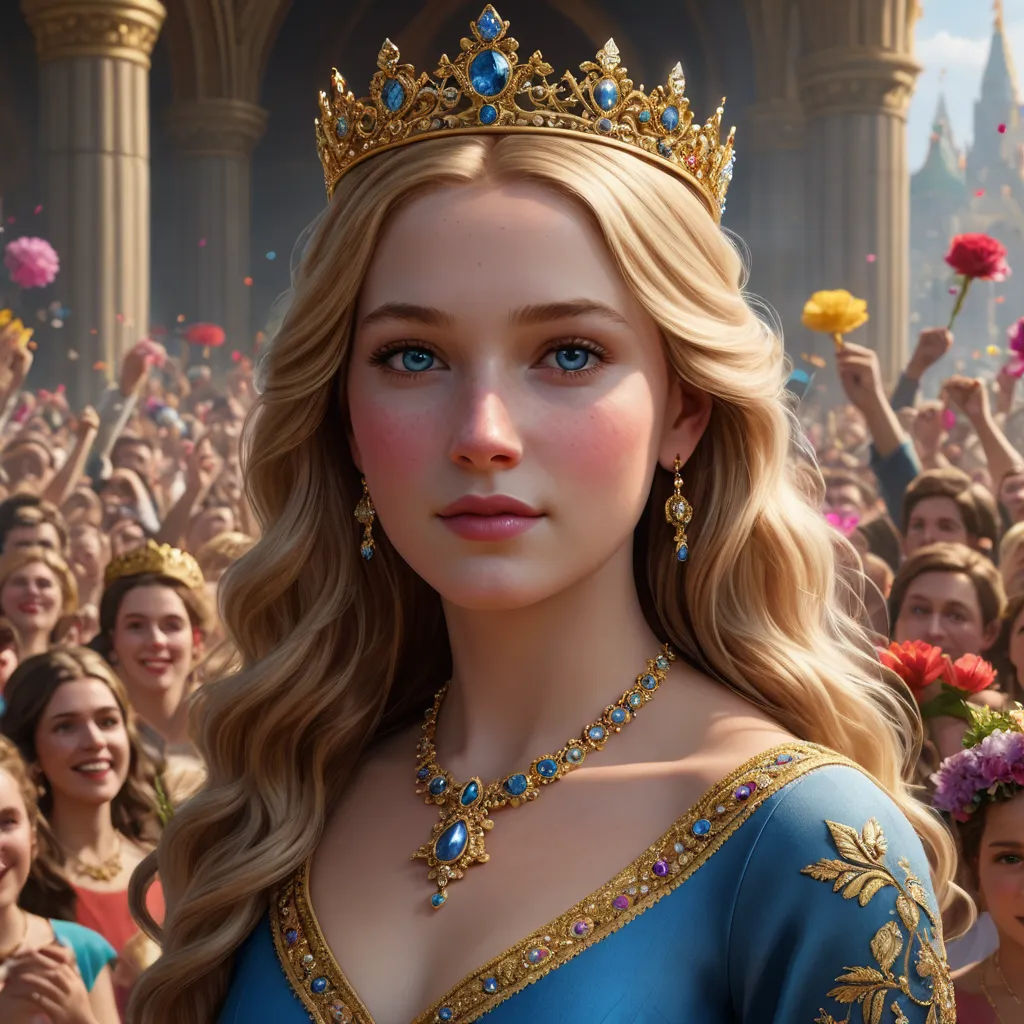 a woman in a blue dress with a crown on her head and a crowd of people behind her, all wearing tiaras, photorealism, a detailed painting, disney, rossdraws global illumination