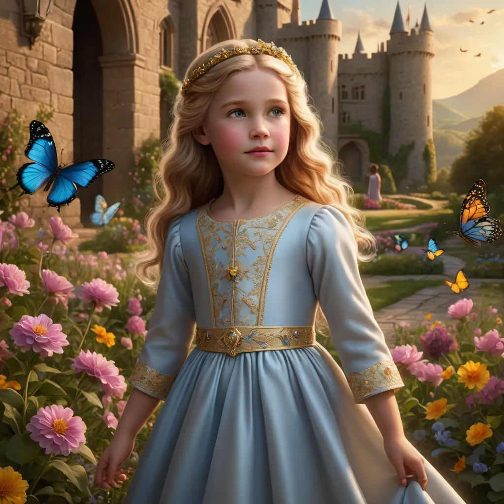 a little girl in a blue dress standing in a garden with butterflies flying around her and a castle in the background, fantasy art, a storybook illustration, Arthur Hughes, storybook illustration