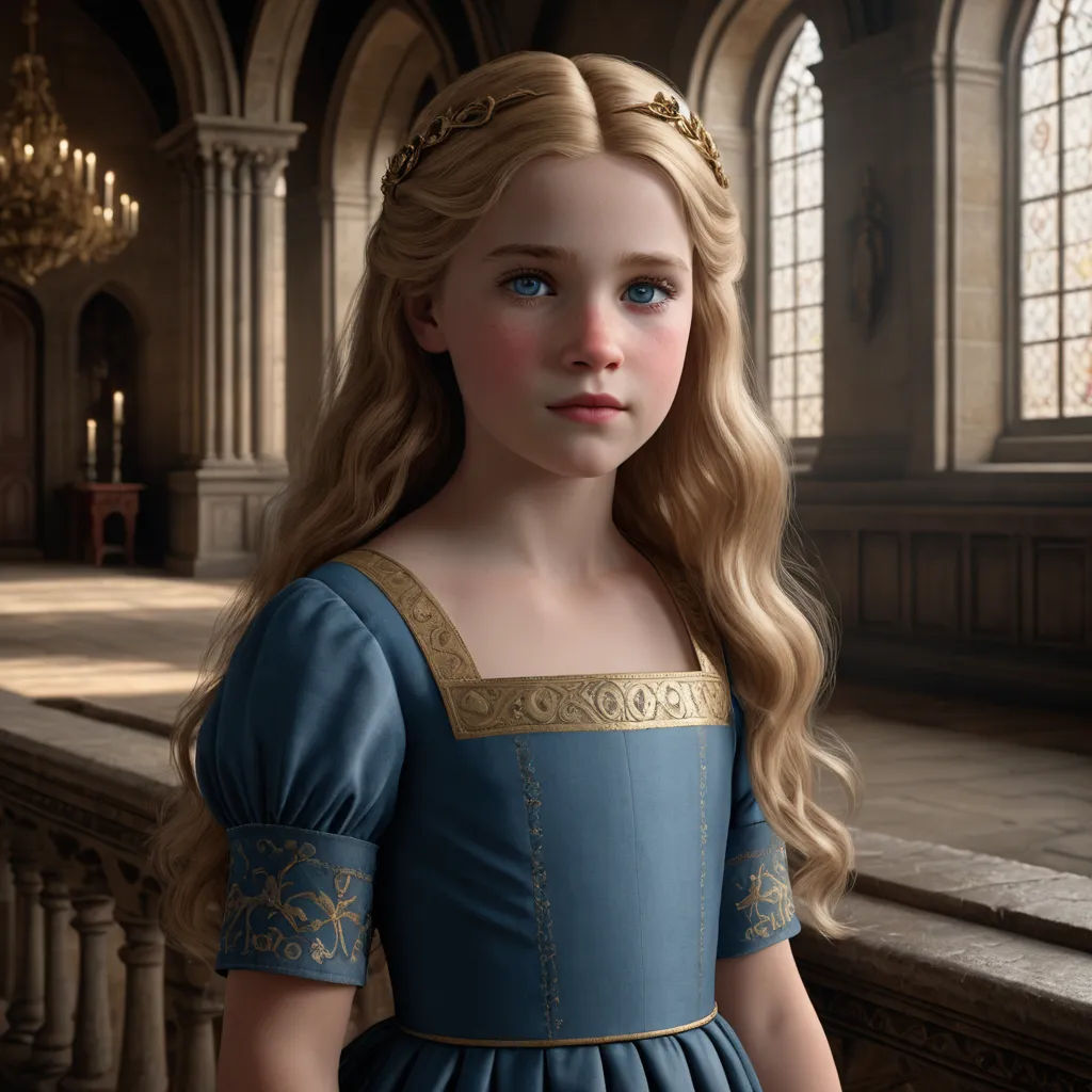 a young girl in a blue dress standing in a hall with a chandelier and a chandelier, photorealism, a detailed matte painting, Clarice Beckett, cgstudio