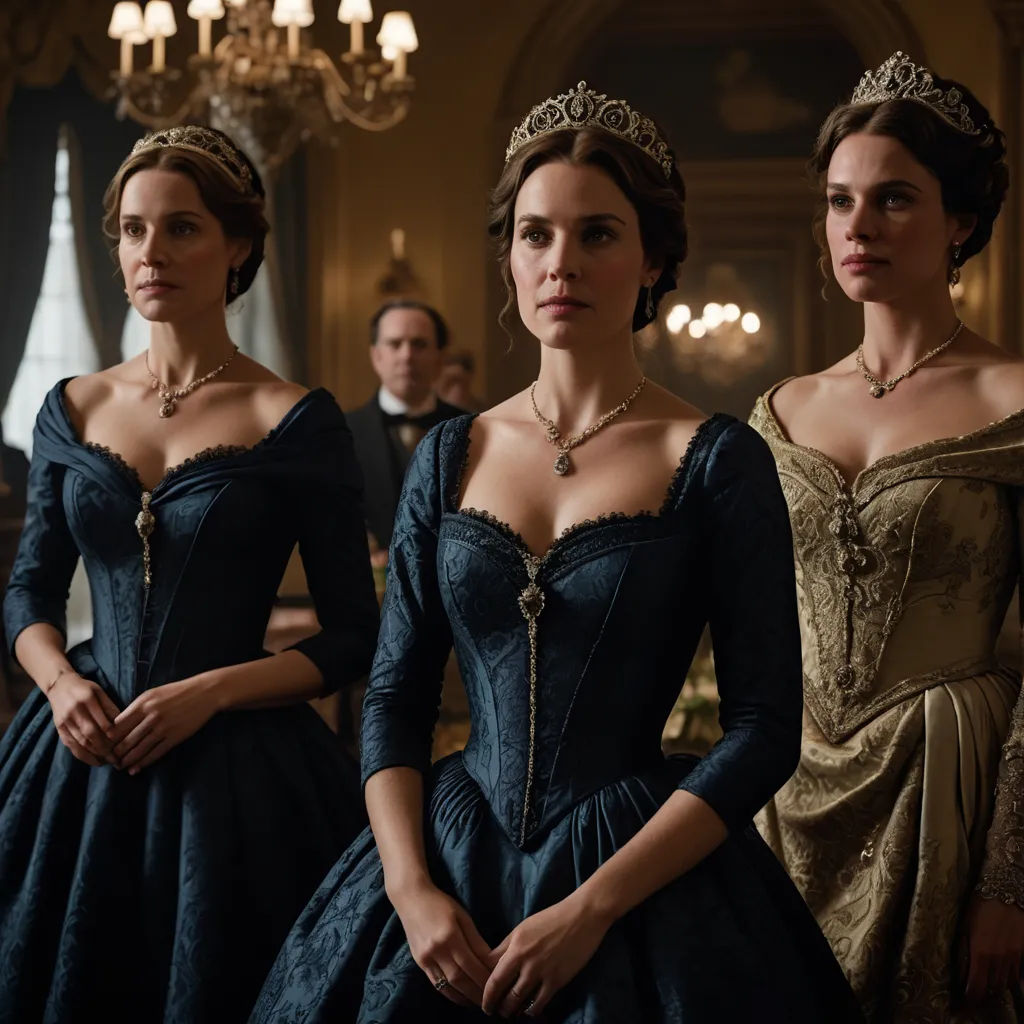 three women in dresses standing in a room with chandeliers and chandeliers on the ceiling,, rococo, a flemish Baroque, Anne Said, promotional image