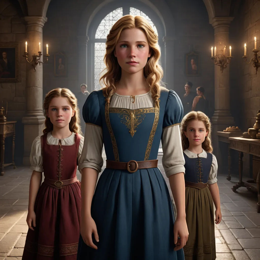 a woman and two girls in a room with a window and a chandelier on the ceiling, and a man standing behind her, renaissance, concept art, disney, unreal engine highly rendered