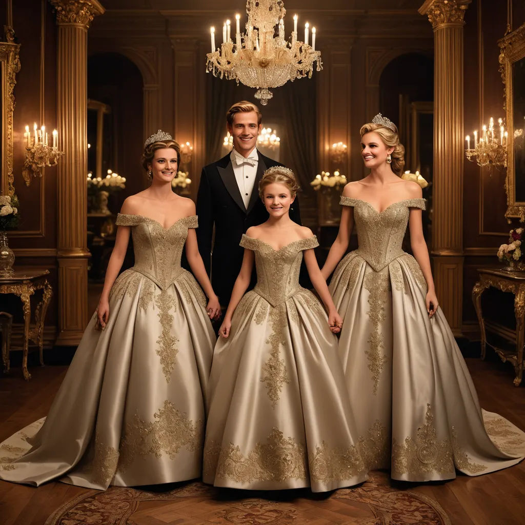 a man and two women in formal wear standing next to a little girl in a dress with a train, rococo, a flemish Baroque, Christian Hilfgott Brand, promotional image