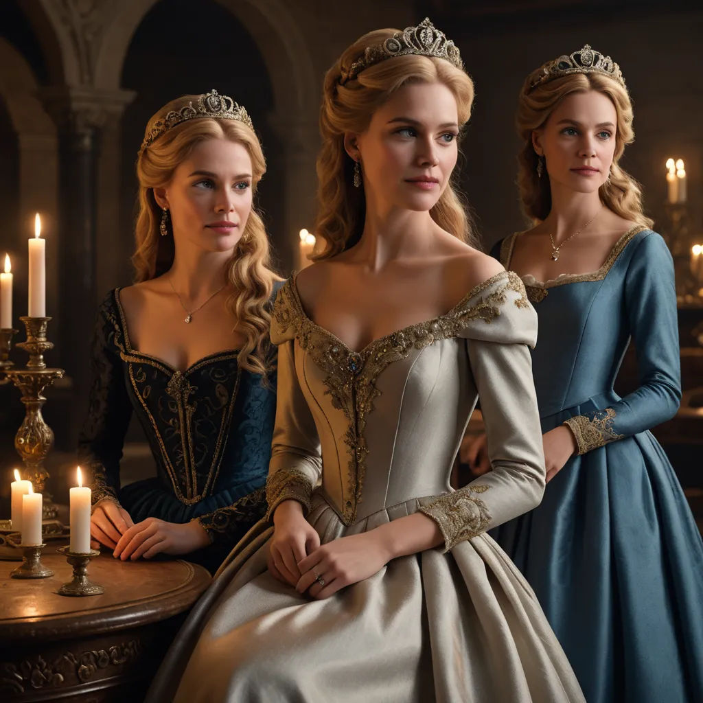 a group of women in dresses standing next to each other in front of candles and a table with candles, rococo, a flemish Baroque, Anna Maria Barbara Abesch, promotional image
