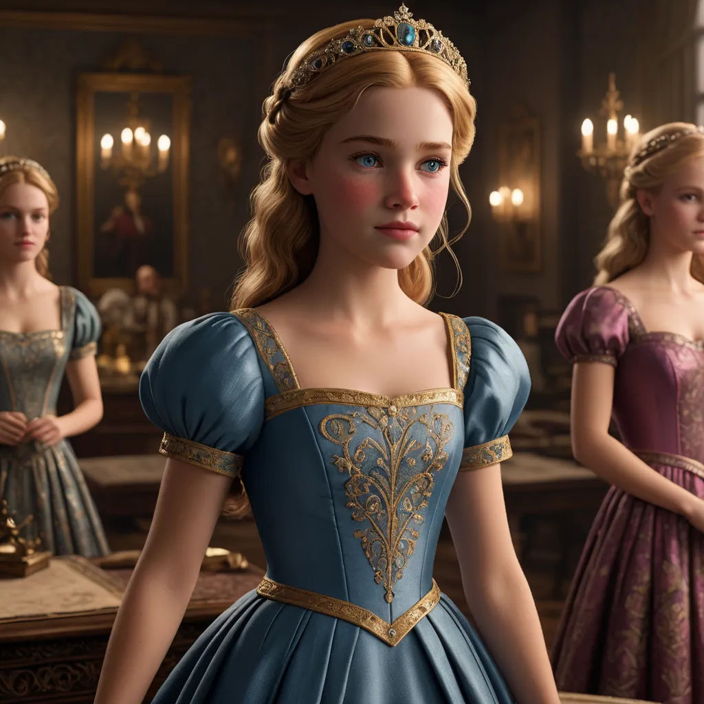 a group of women in dresses standing in a room with a mirror and a table in front of them, rococo, concept art, disney, cgstudio