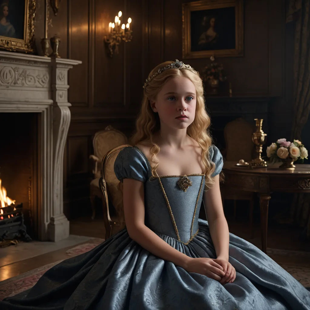 a young girl in a blue dress sitting in a chair in front of a fireplace in a room with a fireplace, rococo, a flemish Baroque, Christabel Dennison, promotional image