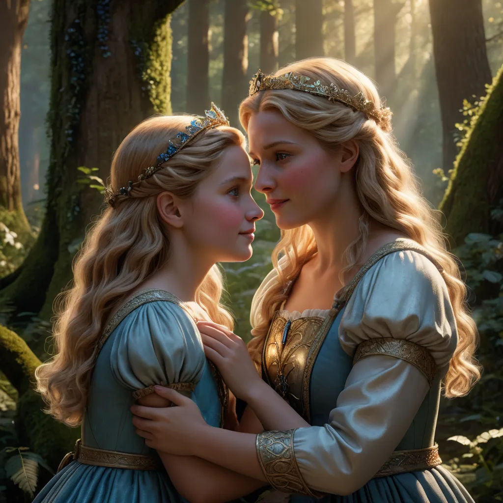 a couple of women standing next to each other in a forest together, one of them is hugging the other, magical realism, a poster, disney, official art