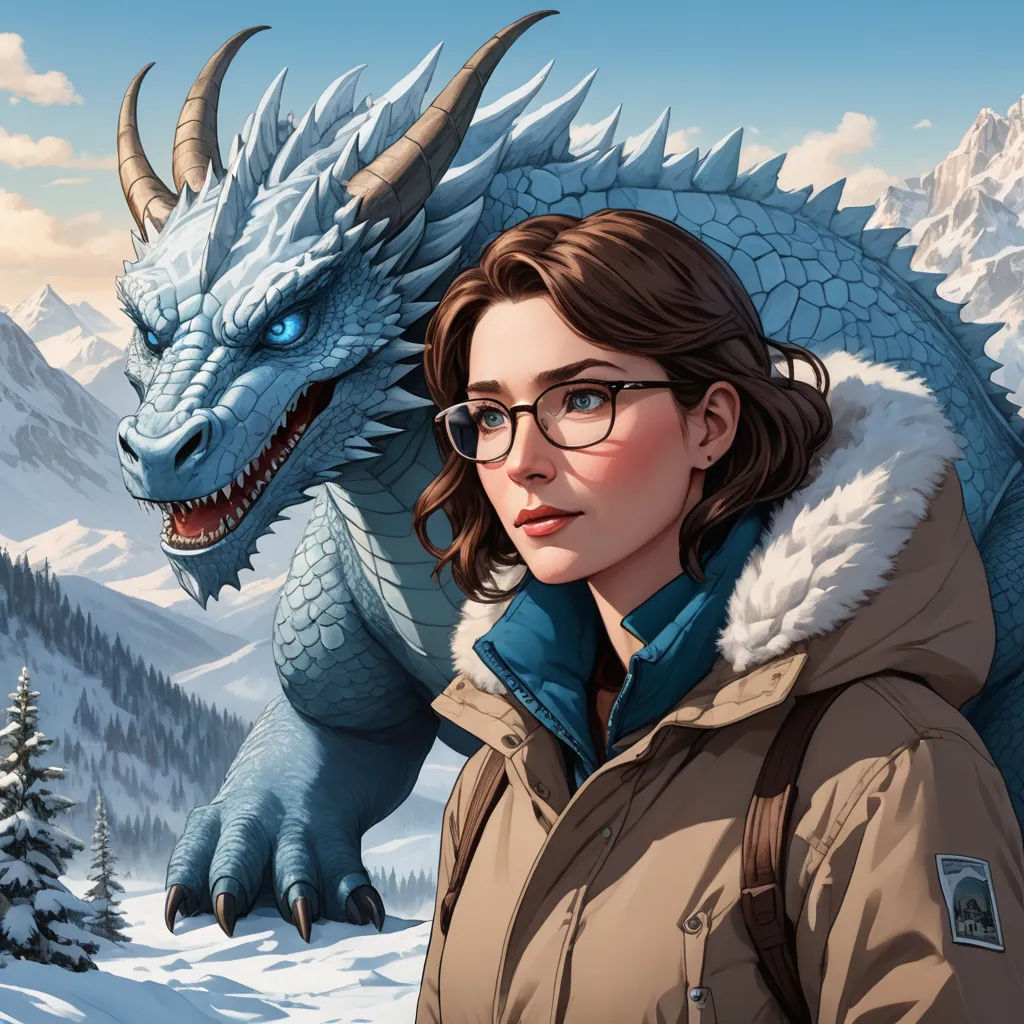 a woman in a winter coat and glasses next to a dragon in the snow with a mountain background in the background, fantasy art, a character portrait, Cedric Peyravernay, josan gonzales and dan mumford