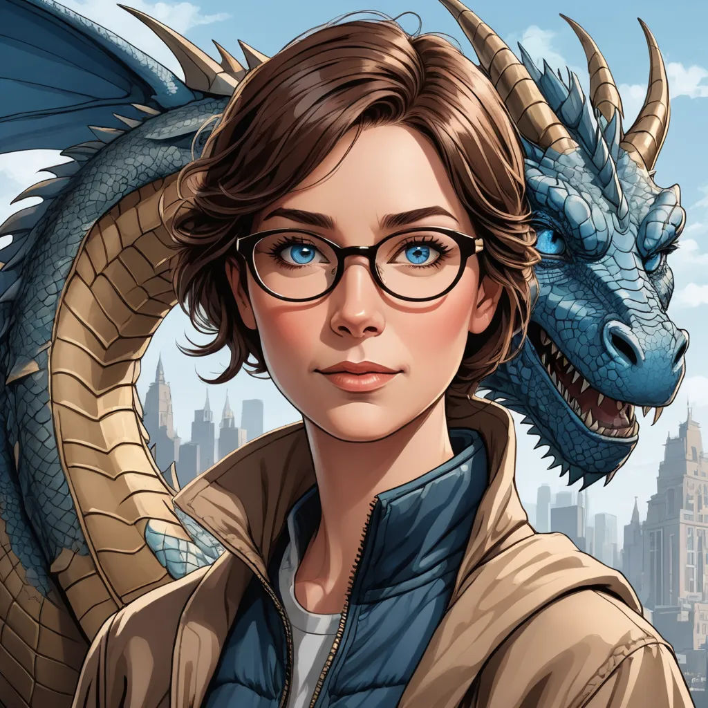 a woman with glasses and a dragon head on her head, in front of a cityscape background, fantasy art, a character portrait, Artgerm, josan gonzales and dan mumford