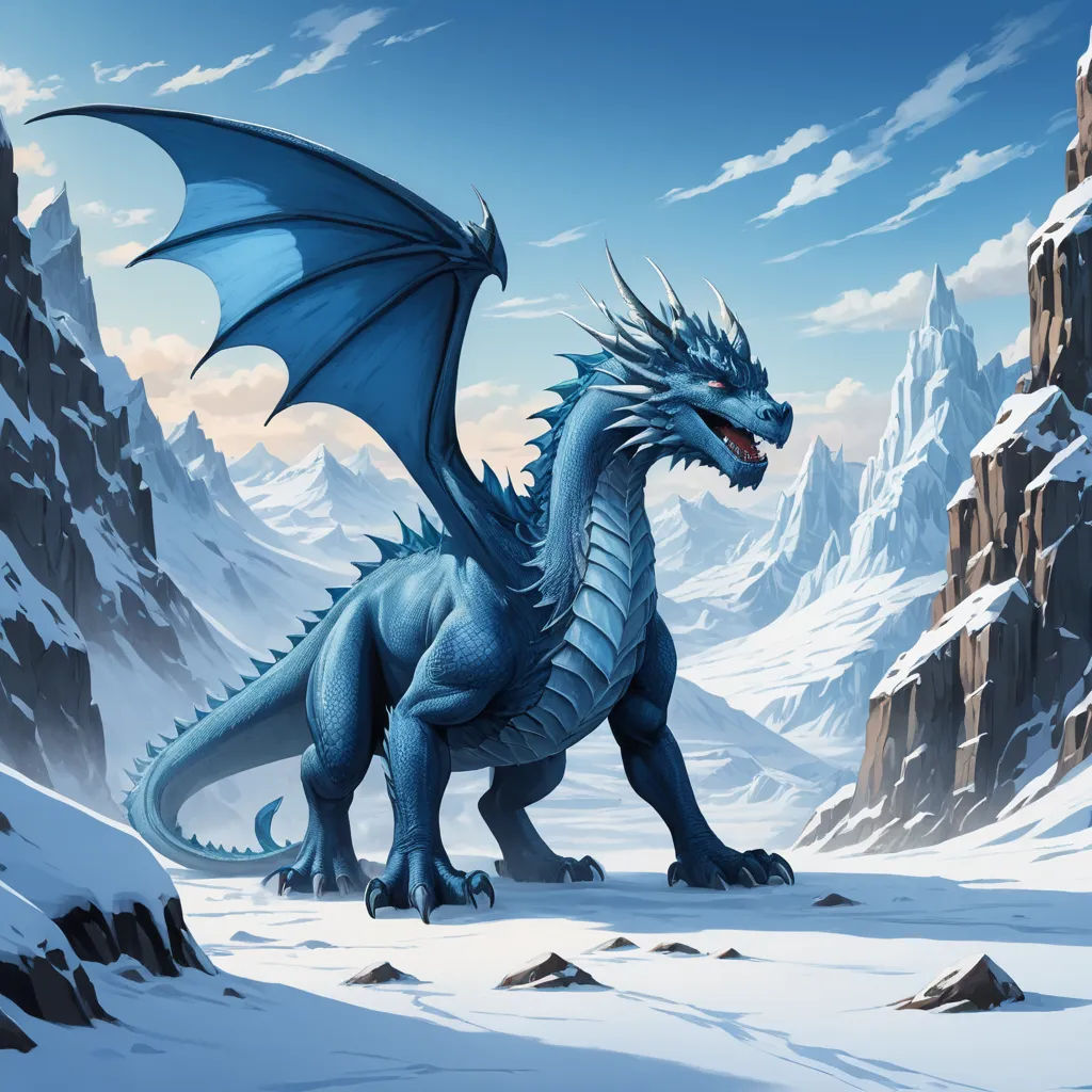 a blue dragon standing in a snowy landscape with mountains in the background and a sky background with clouds and snow, fantasy art, a storybook illustration, Christophe Vacher, dragon art