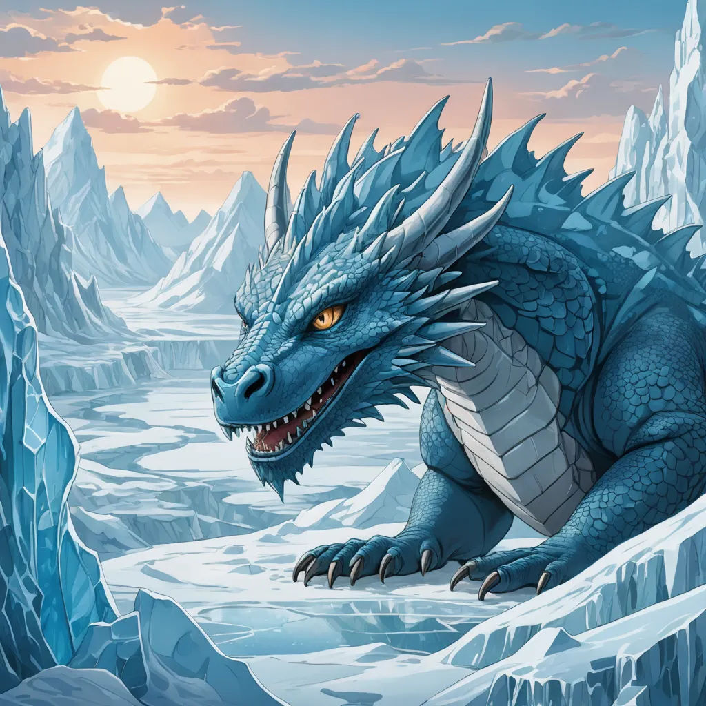 a blue dragon sitting on a rock in the snow with a sunset in the background and mountains in the foreground, fantasy art, a storybook illustration, Chris LaBrooy, dragon art