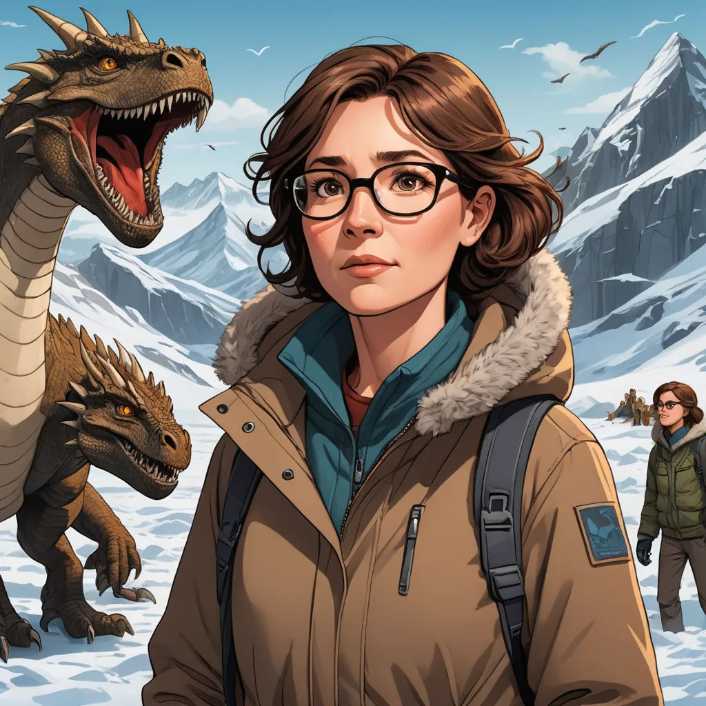a woman in a brown jacket and glasses standing next to a dinosaur and a man in a brown jacket, process art, a character portrait, Cedric Peyravernay, key art
