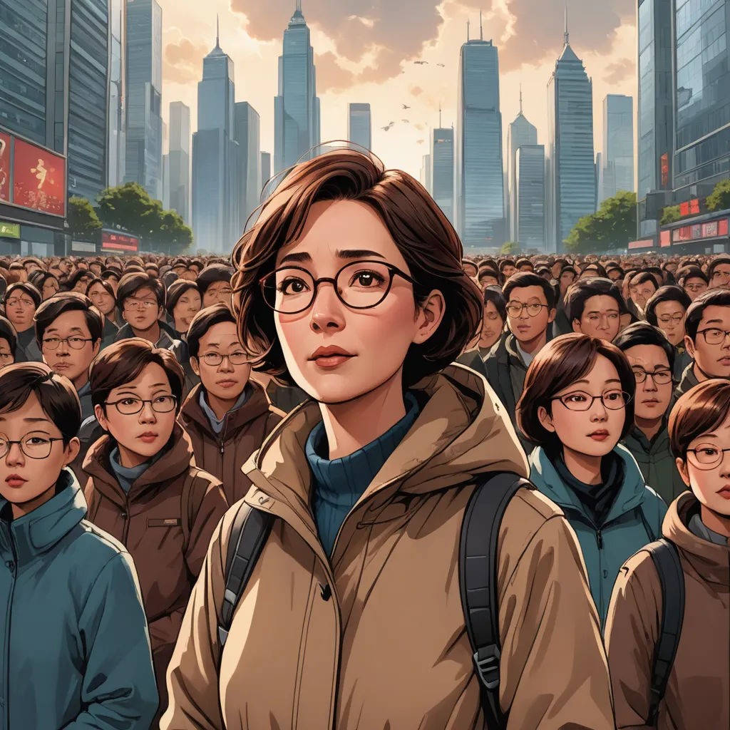 a woman in a crowd of people with glasses on her face and a city in the background with skyscrapers, serial art, poster art, Choi Buk, graphic novel