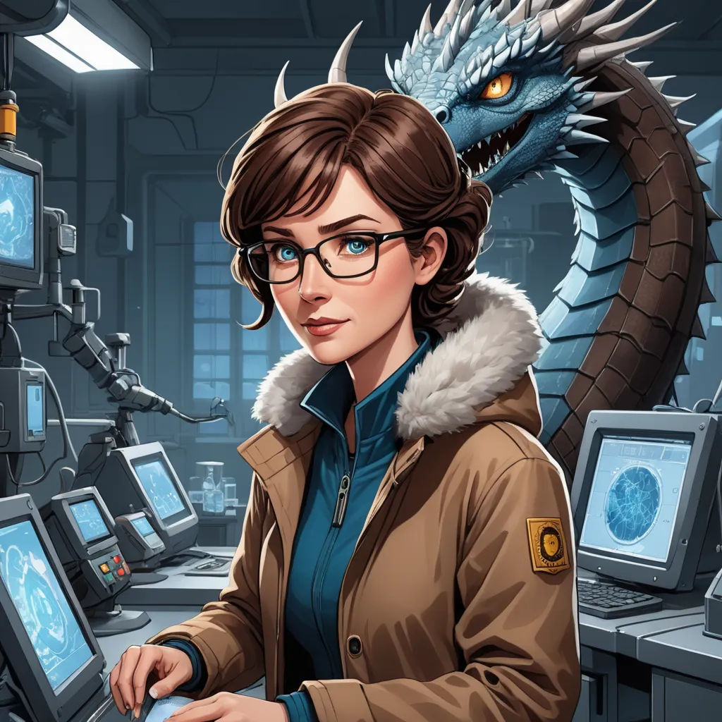 a woman in a brown jacket and glasses is typing on a computer with a dragon on the screen behind her, sots art, a character portrait, Cedric Peyravernay, key art