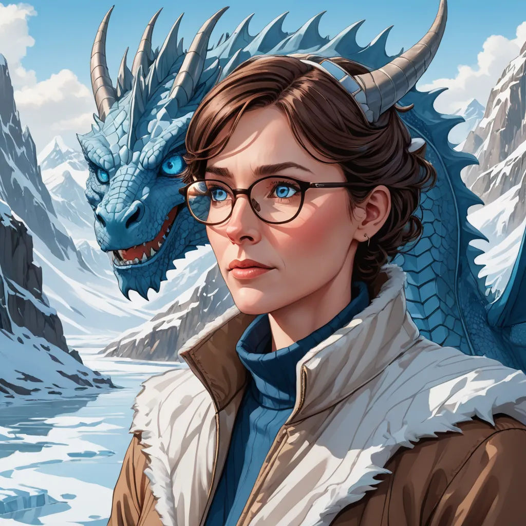 a woman with glasses and a dragon head on her head is looking at the camera while standing in front of a snowy mountain, fantasy art, a character portrait, Cedric Peyravernay, josan gonzales and dan mumford