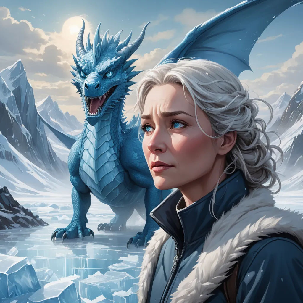 a woman with a dragon on her shoulder next to a frozen mountain and icebergs in the background, fantasy art, a character portrait, Clint Cearley, stanley artgerm lau