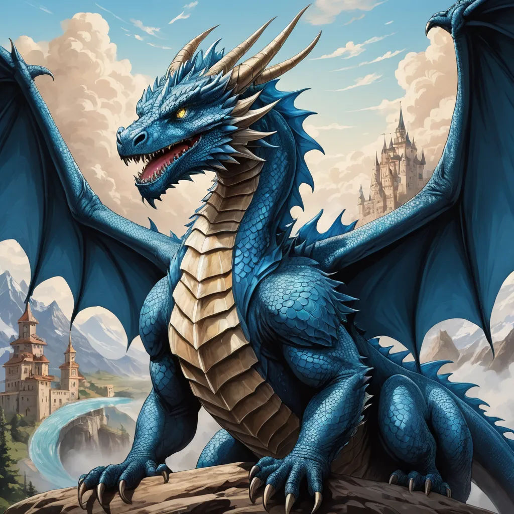 a blue dragon sitting on a rock in front of a castle with a castle in the background and a river running through it, fantasy art, an ultrafine detailed painting, Anne Stokes, dragon art