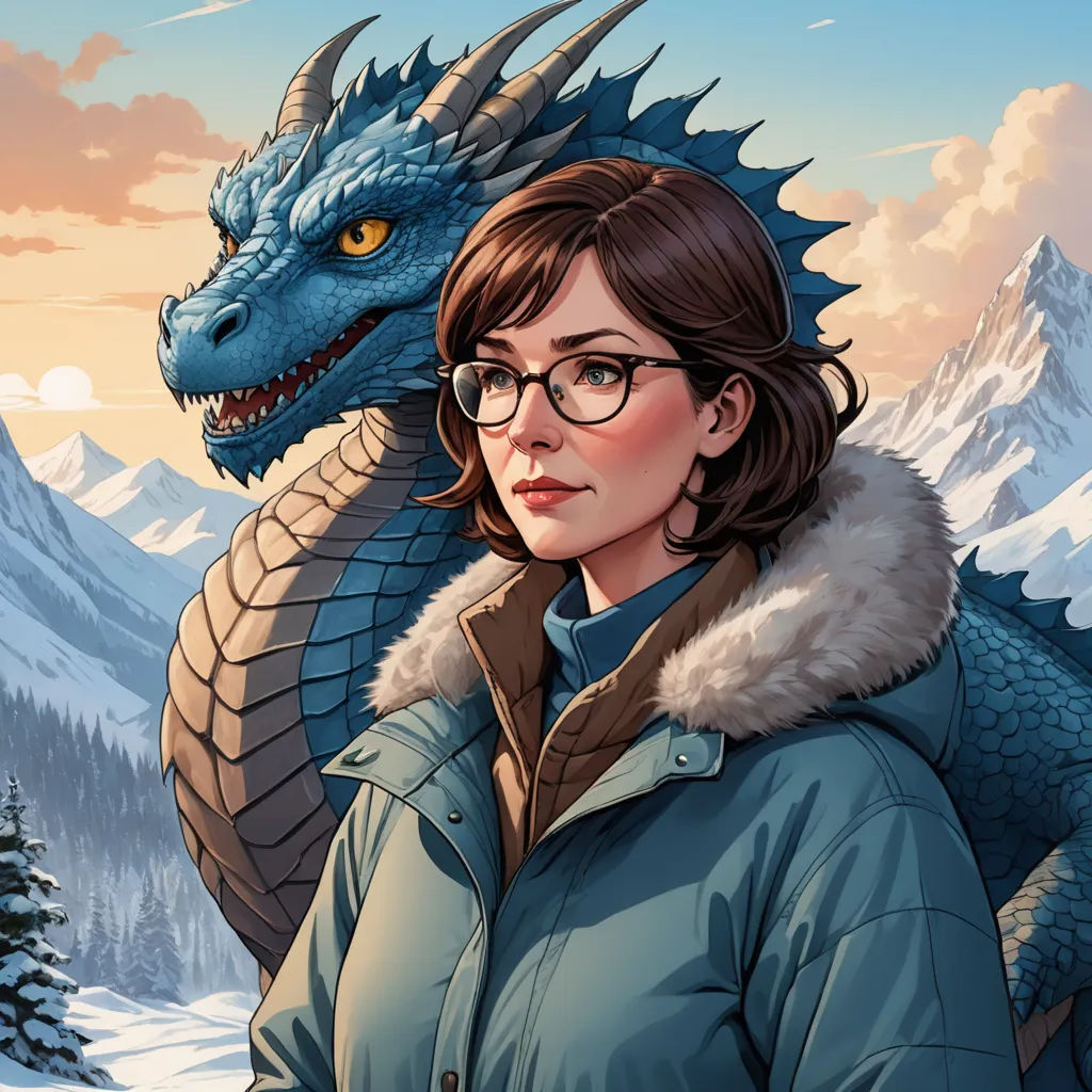 a woman in a blue jacket and glasses next to a dragon on a mountain side with a snowy landscape, fantasy art, a character portrait, Cedric Peyravernay, comic cover art