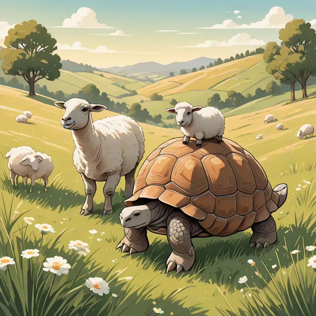 a painting of a turtle and two sheep in a field of grass and flowers with hills in the background, context art, a storybook illustration, Chris LaBrooy, storybook illustration