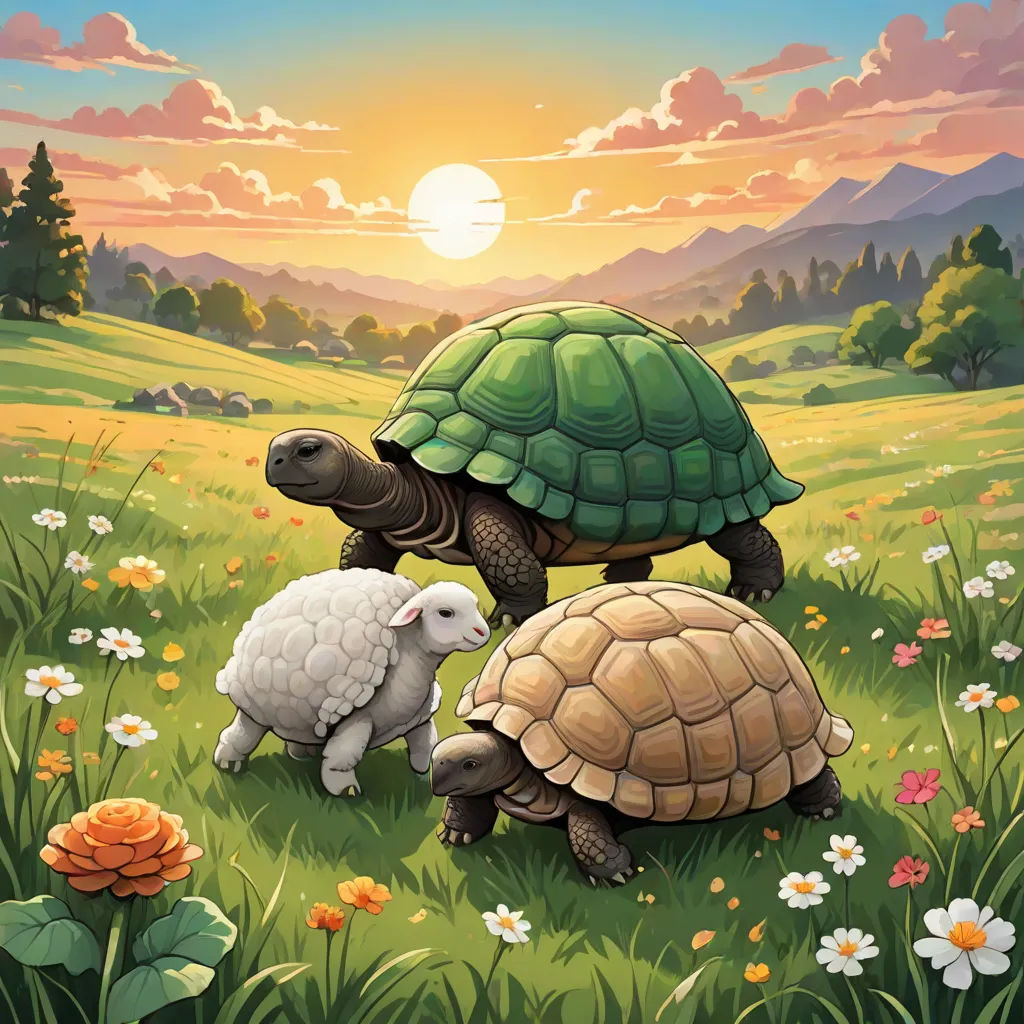 a painting of a turtle and a sheep in a field of flowers and grass with the sun setting behind them, american scene painting, a storybook illustration, Chris LaBrooy, official art