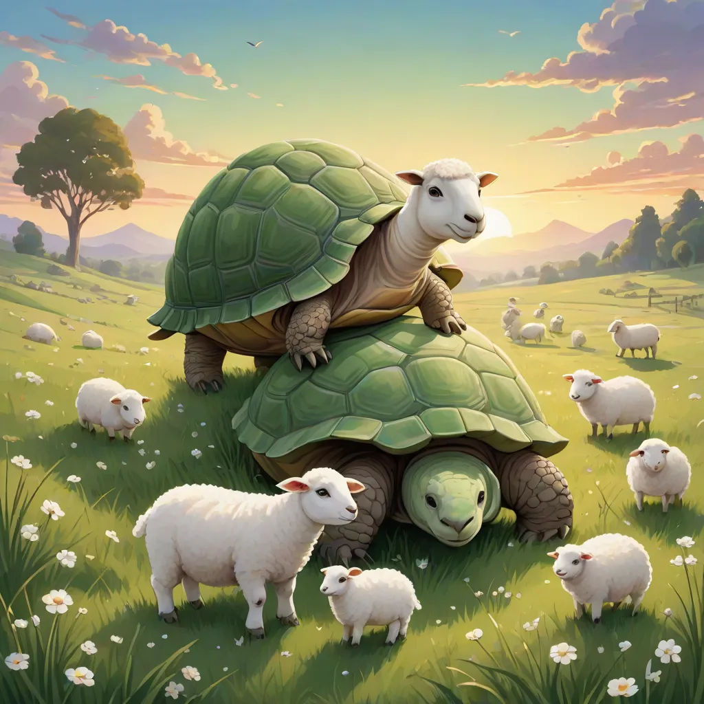 a painting of a turtle and sheep in a field of grass with a sunset in the background and clouds, optical illusion, a storybook illustration, Chris LaBrooy, golden ratio illustration