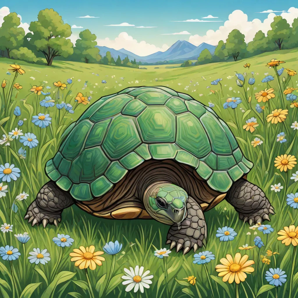 a turtle in a field of flowers and daisies with a mountain in the background illustration by john wyee, ecological art, a storybook illustration, Chris LaBrooy, golden ratio illustration