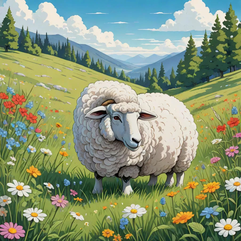 a painting of a sheep in a field of flowers and trees with mountains in the background and clouds in the sky, environmental art, a storybook illustration, Chris LaBrooy, official art