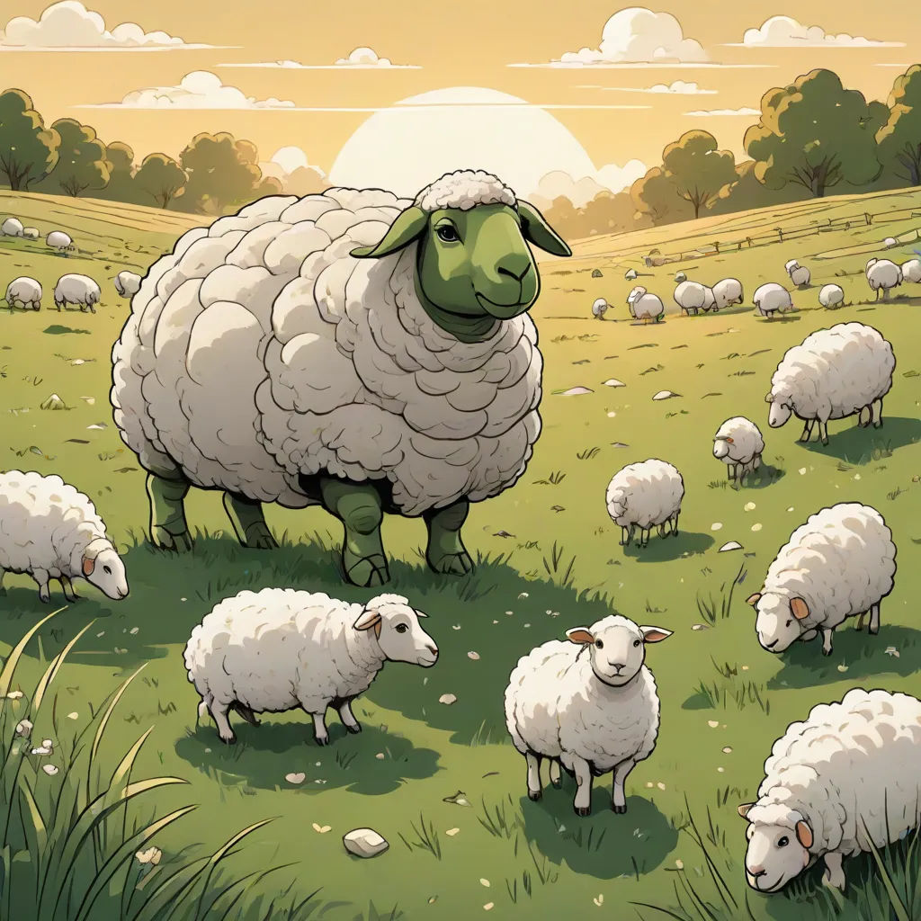 a herd of sheep grazing on a lush green field under a cloudy sky with sun rising behind them and a few clouds, institutional critique, a storybook illustration, Chris LaBrooy, furaffinity