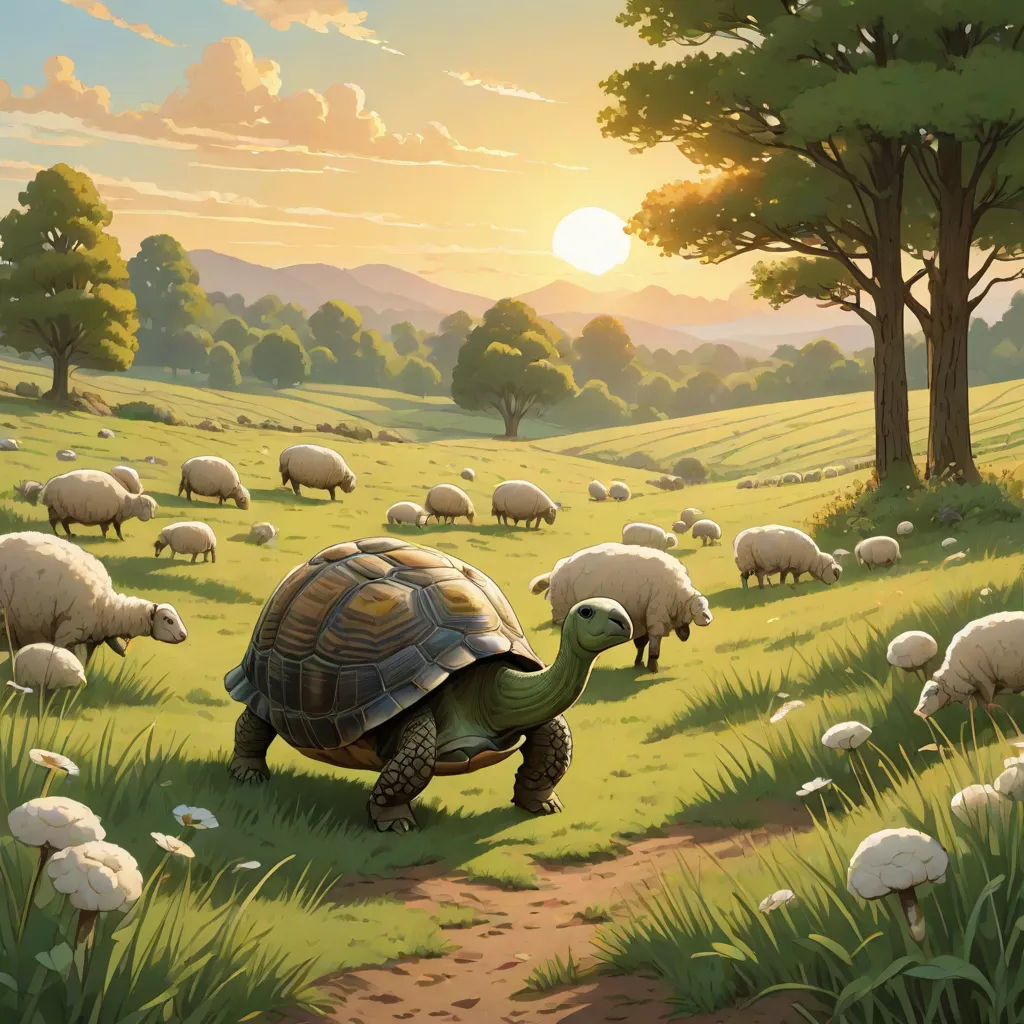 a painting of a turtle and sheep in a field of grass and trees with the sun setting behind it, american scene painting, a storybook illustration, Chris LaBrooy, storybook illustration