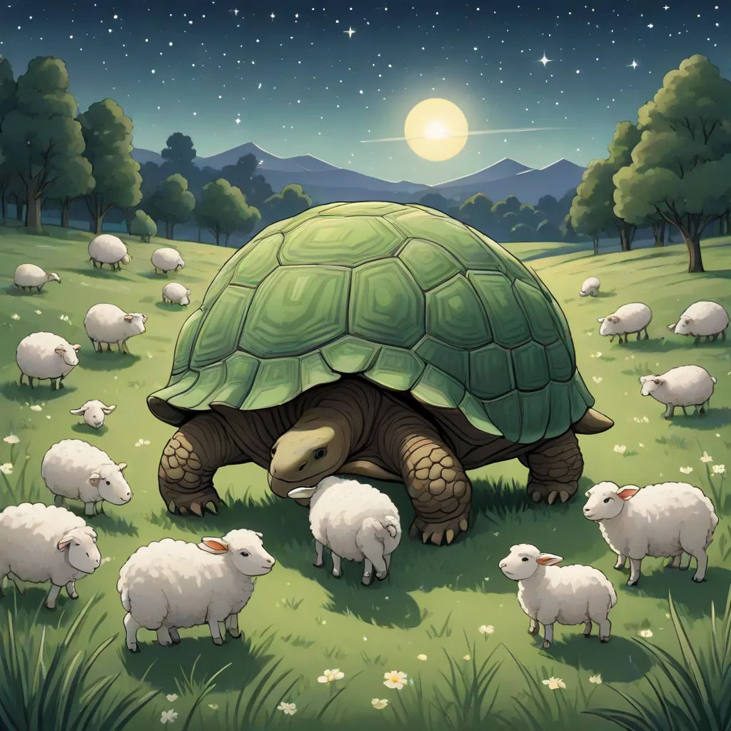 a turtle and its babies in a field of sheep under a full moon sky with stars and clouds above, pop surrealism, a storybook illustration, Chris LaBrooy, storybook illustration