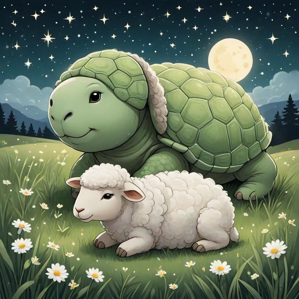 a turtle and a sheep are laying in the grass at night with the moon in the background and stars in the sky, fantasy art, a storybook illustration, Chris LaBrooy, storybook illustration