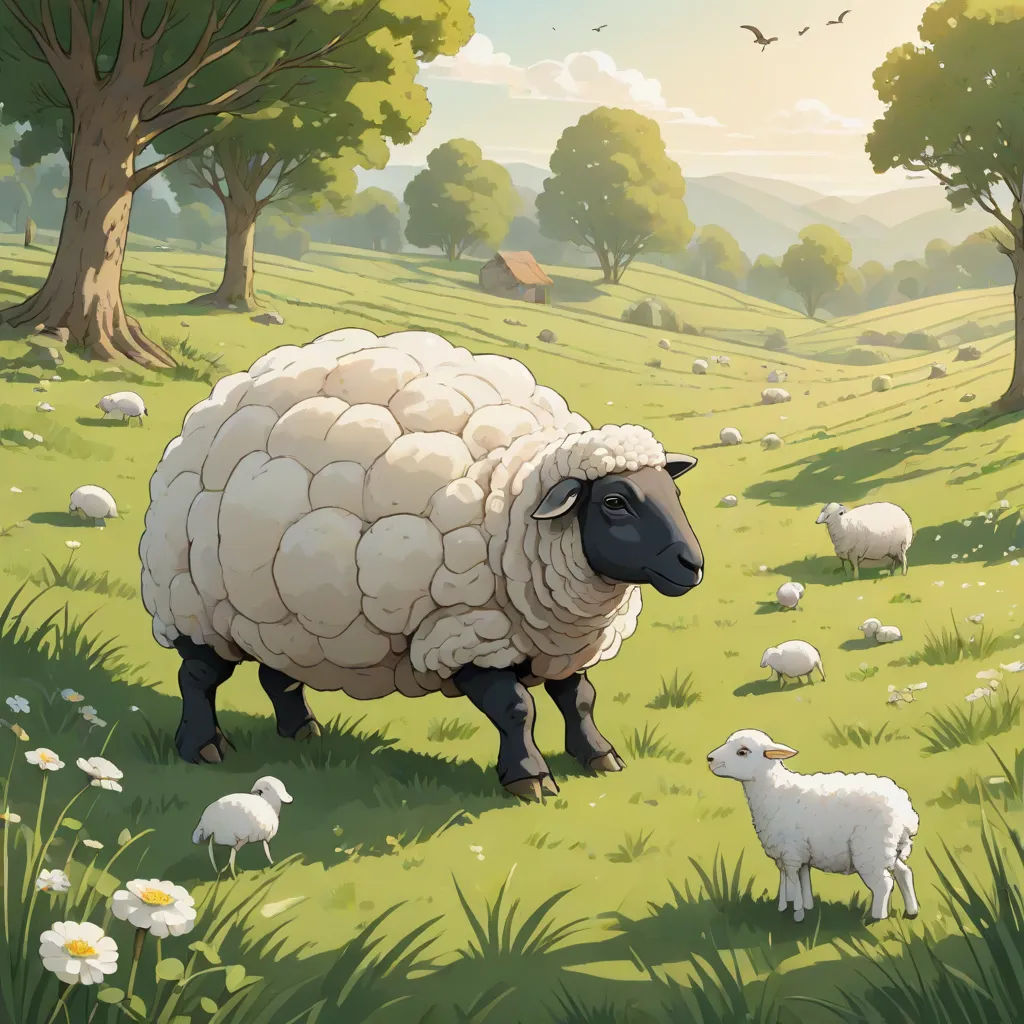 a sheep and her lambs in a field of grass and flowers with trees in the background and a bird flying overhead, environmental art, a storybook illustration, Chris LaBrooy, official art