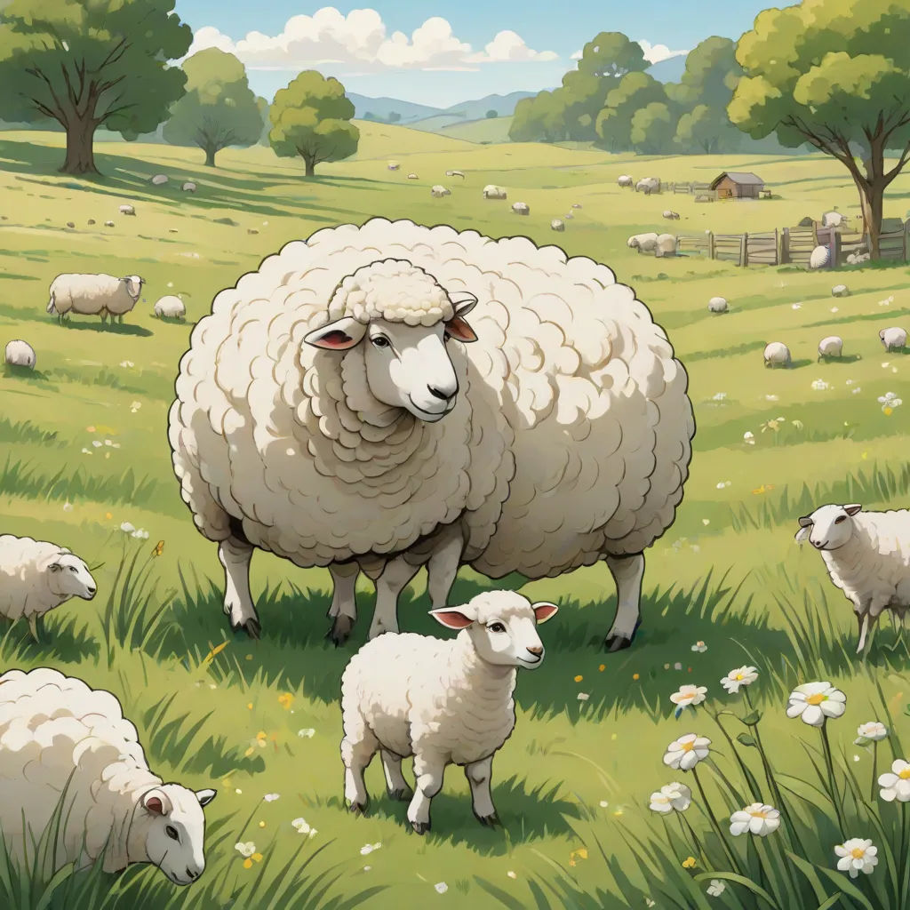 a painting of a sheep and her lambs in a field of grass and flowers with trees in the background, synthetism, a storybook illustration, Chris LaBrooy, official art
