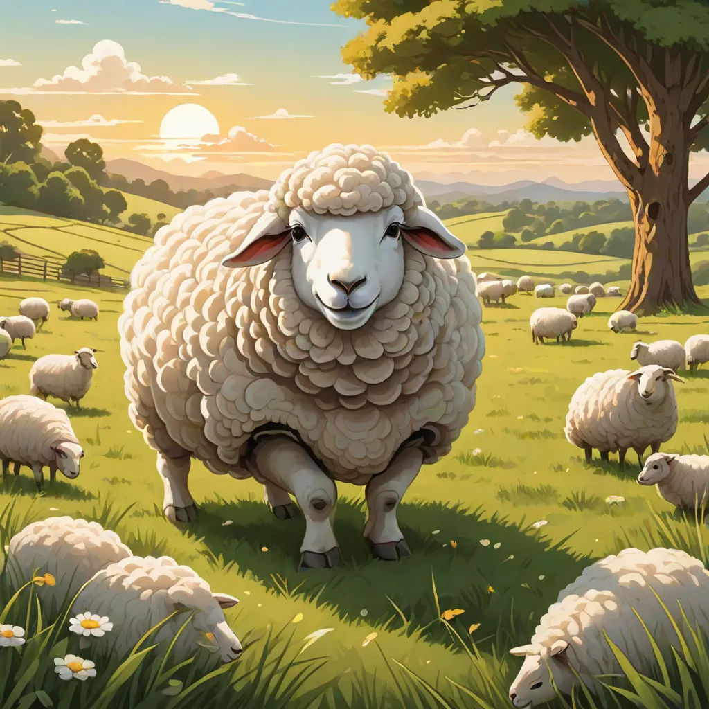 a painting of a sheep standing in a field of grass with a tree in the background and a sun setting, pop surrealism, a storybook illustration, Chris LaBrooy, behance hd