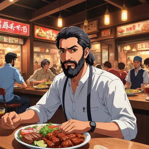 a man sitting at a table with a plate of food in front of him and a restaurant in the background, sots art, concept art, Adam Manyoki, official art