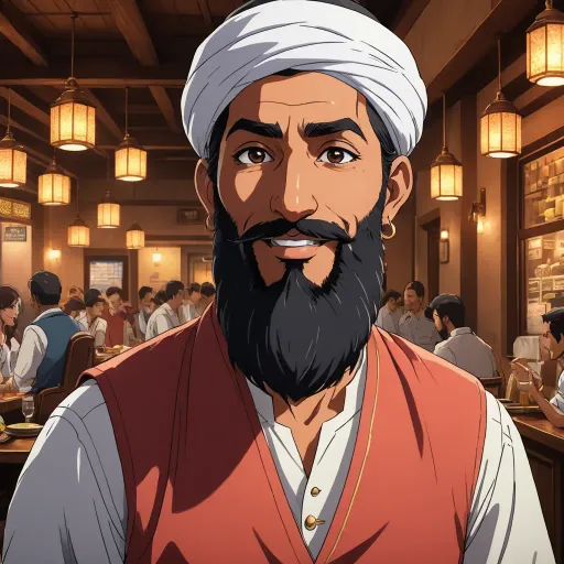 a cartoon of a man with a beard and a turban on his head in a restaurant with people sitting at tables, hurufiyya, a character portrait, Ahmed Karahisari, official art