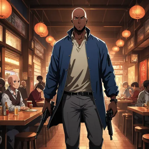 a man holding a gun in a restaurant with people sitting at tables and lamps on the ceiling and a bar in the background, afrofuturism, poster art, Ahmed Yacoubi, official art