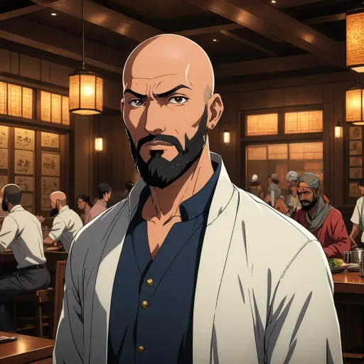 a man with a beard and a bald head in a restaurant with people sitting at tables and a bar, rayonism, a character portrait, Eizan Kikukawa, official art