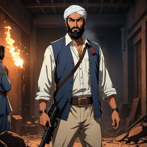 a man with a gun in a room with a fire in the background and another man in a white shirt, hurufiyya, a comic book panel, Altoon Sultan, official art