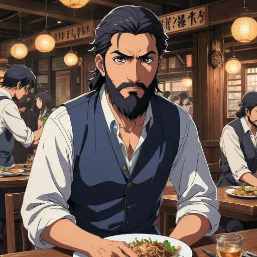 a man sitting at a table with a plate of food in front of him and another man standing behind him, rayonism, concept art, Adam Manyoki, official art