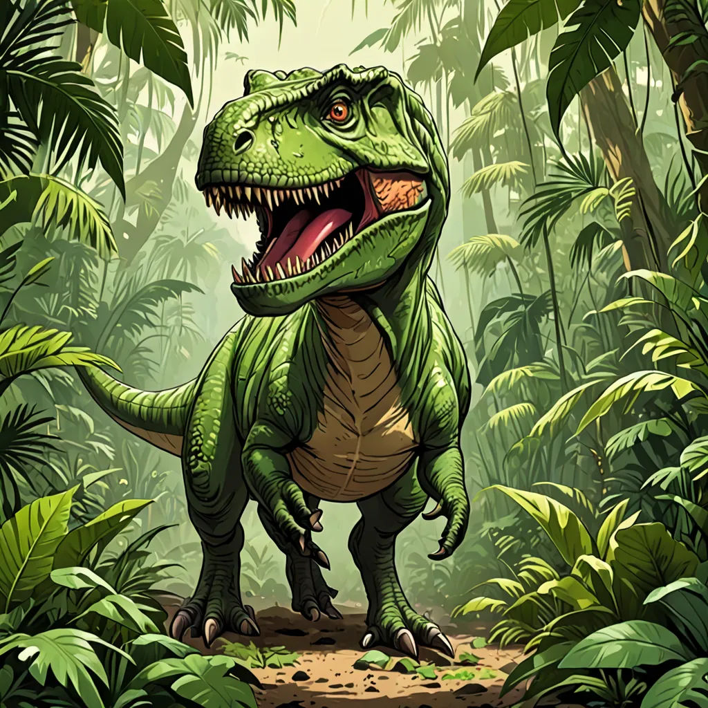 a dinosaur in a jungle with a large mouth and sharp teeth, standing in the middle of a dirt path, sumatraism, concept art, Adam Rex, rossdraws global illumination