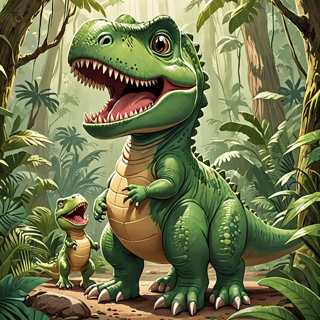 a dinosaur and a baby dinosaur in a jungle setting with trees and plants in the background, with a baby dinosaur standing next to it, sots art, a storybook illustration, Adam Rex, magic the gathering artwork