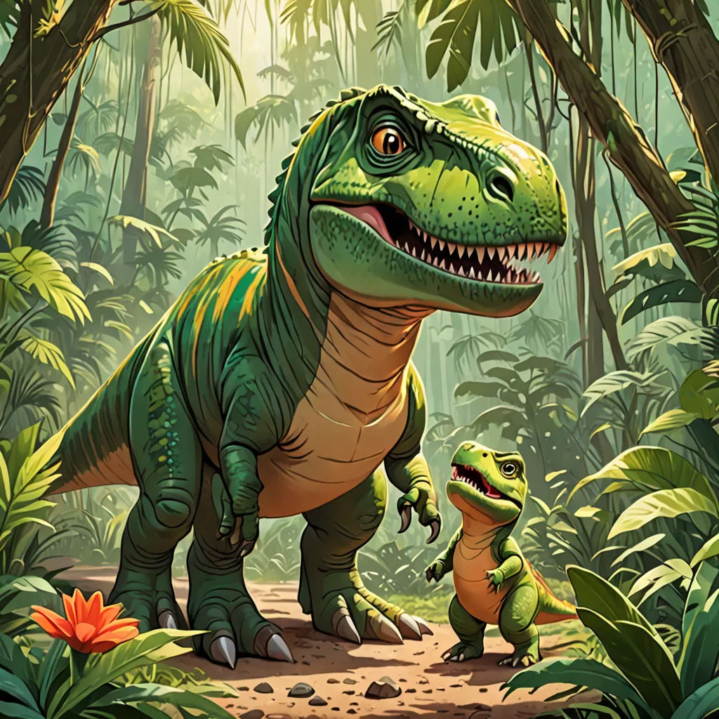 a dinosaur and a baby dinosaur in a jungle setting with trees and plants in the background, with a sunlit background, sots art, a storybook illustration, Adam Rex, official art