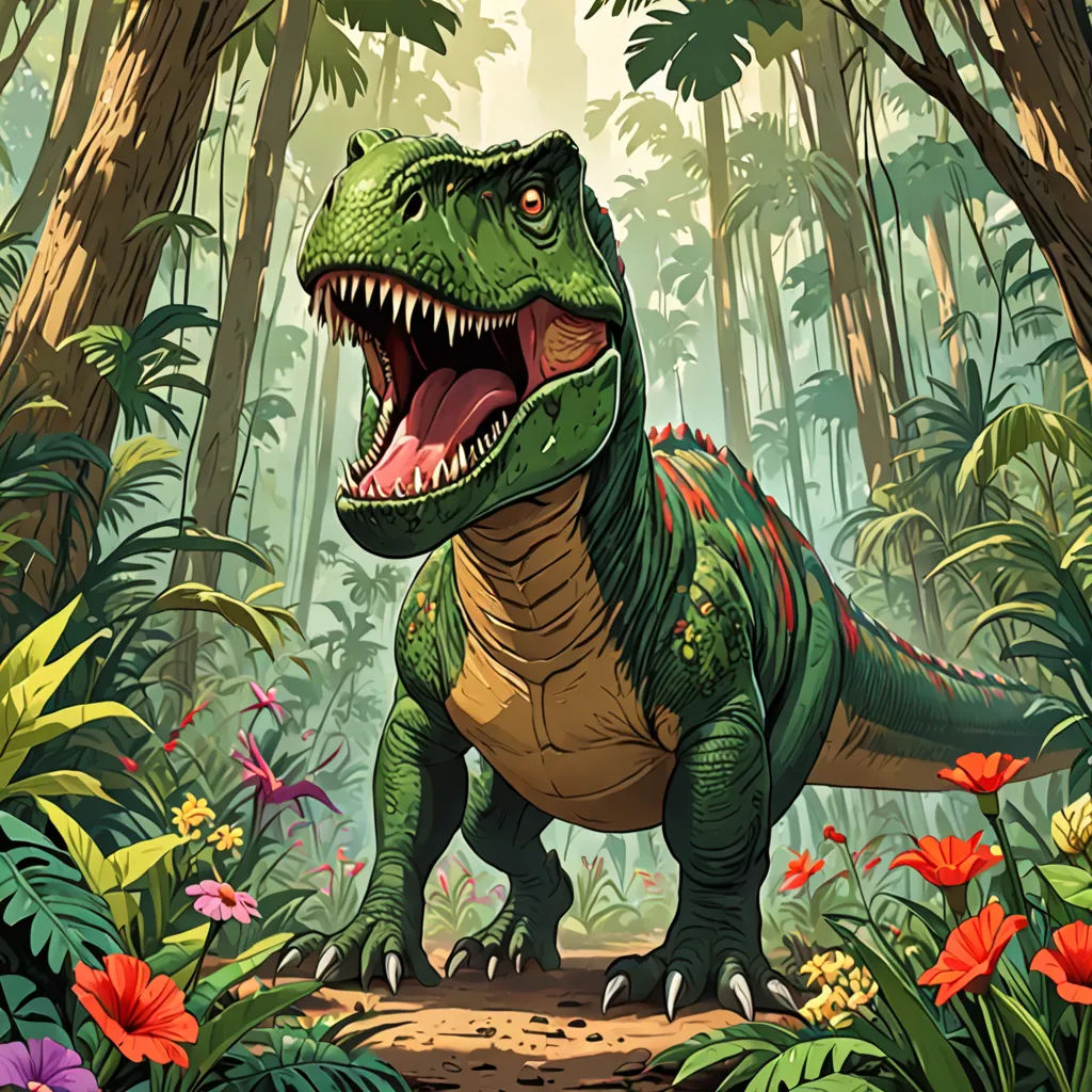 a dinosaur in the jungle with its mouth open and teeth wide open, with flowers and trees around it, fantasy art, concept art, Adam Rex, rossdraws global illumination