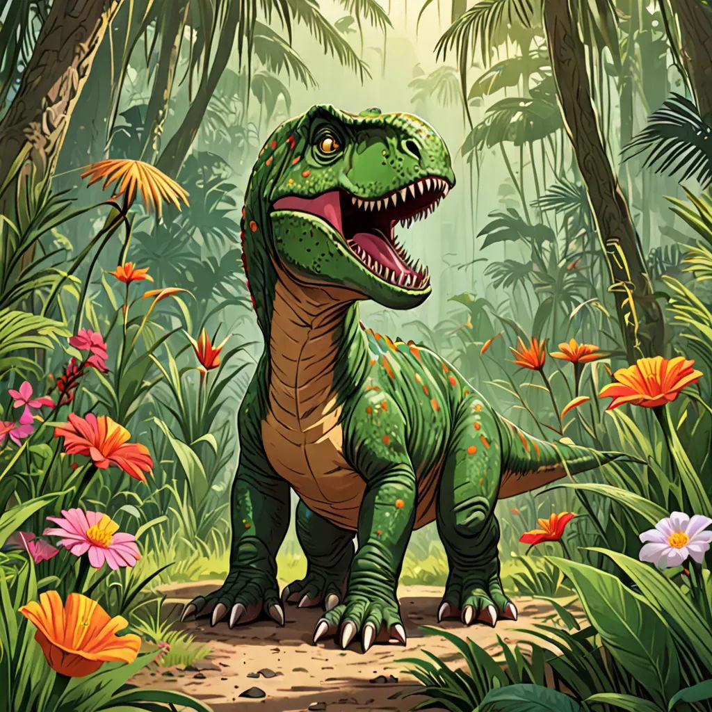 a dinosaur in a jungle with flowers and plants around it, with a large open mouth and sharp teeth, altermodern, concept art, Adam Rex, rossdraws global illumination