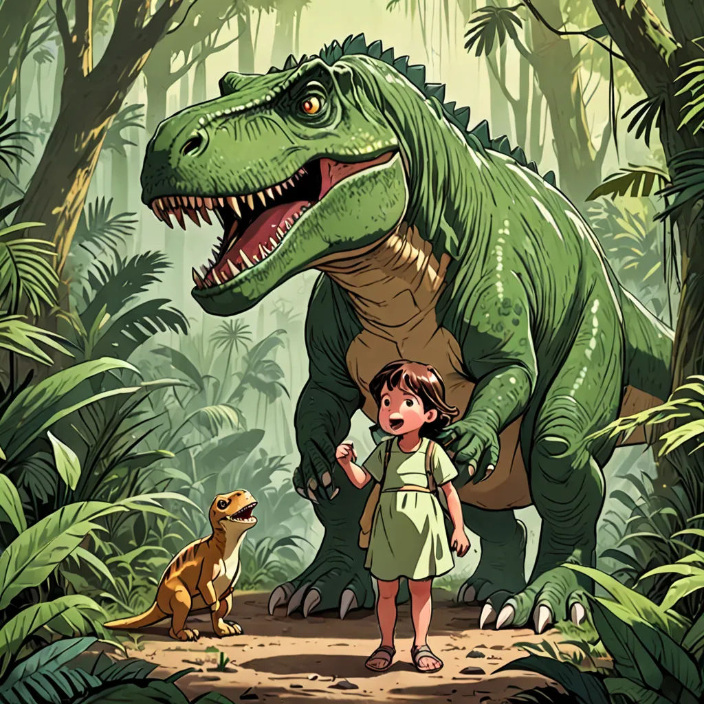 a girl standing next to a dinosaur in a jungle with a dinosaur behind her and a dinosaur behind her, process art, a storybook illustration, Adam Rex, rossdraws global illumination