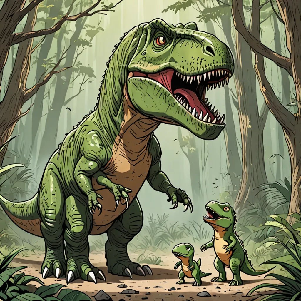 a dinosaur and a baby dinosaur in a forest with trees and bushes, with a person standing in the foreground, fantasy art, a storybook illustration, Adam Rex, rossdraws global illumination