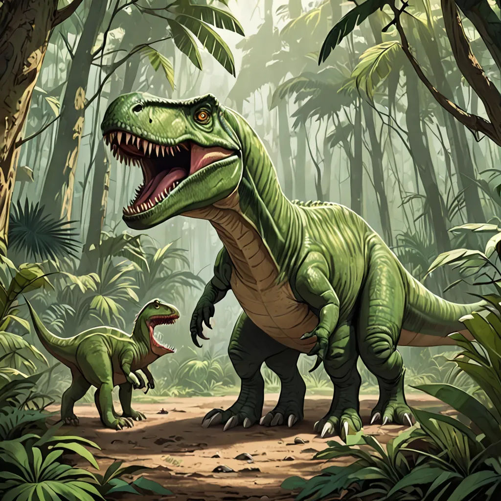 a dinosaur and a t - rex in a jungle setting with trees and plants in the background, with a person walking in the foreground, altermodern, a storybook illustration, Adam Rex, magic the gathering artwork