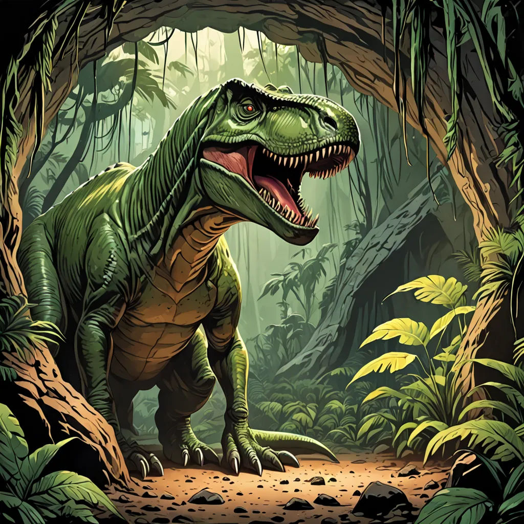 a dinosaur in a jungle with a large mouth and teeth, with a large mouth, is shown in the foreground, altermodern, concept art, Adam Rex, rossdraws global illumination