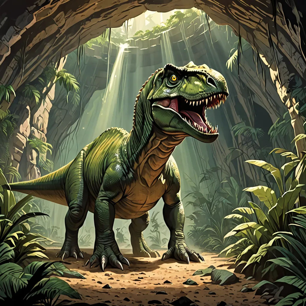 a dinosaur in a cave with a light shining down on it's face and mouth, with a light shining down on its head, altermodern, concept art, Adam Rex, magic the gathering artwork